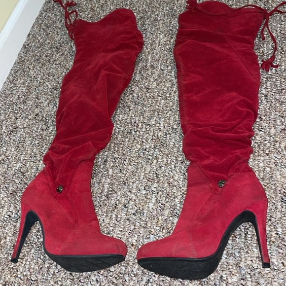 Womens De Blossom Collection Over The Knee Red Heeled Boots - Picture 2 of 9